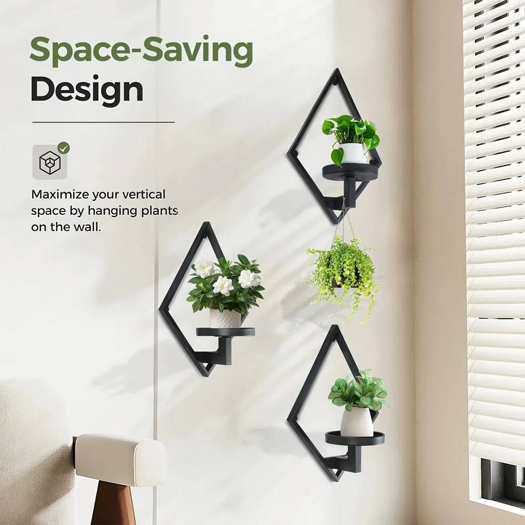 Metal Wall Planters with Geometric Frame - 3-pack Hanging Shelves, close-up view - House Of Avana