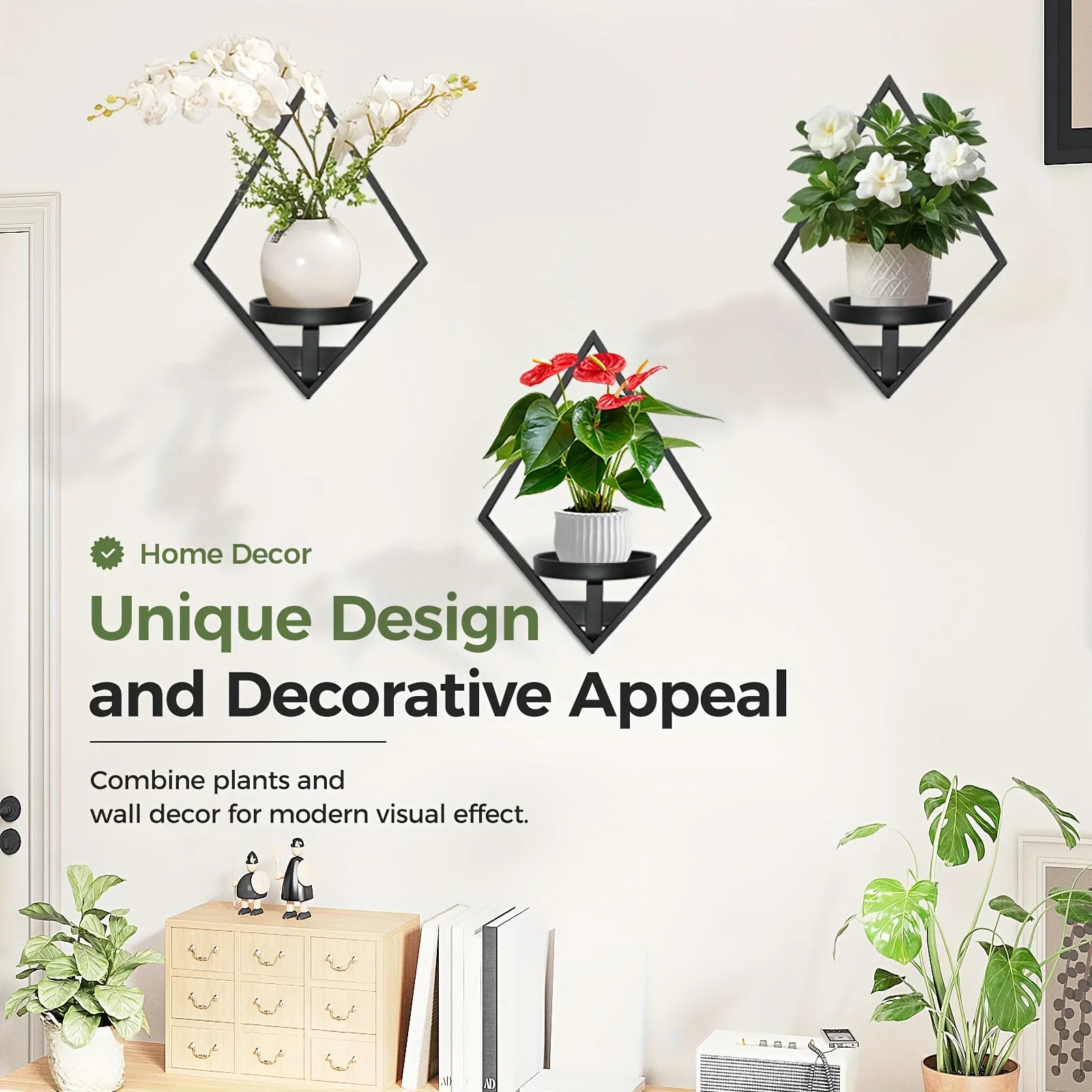 Metal Wall Planters with Geometric Frame - 3-pack Hanging Shelves, back view - House Of Avana