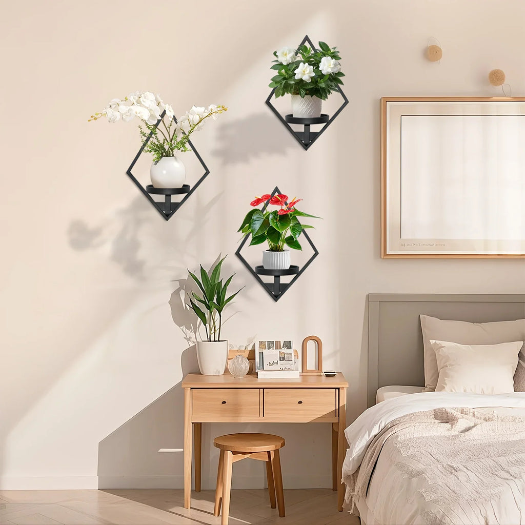 Metal Wall Planters with Geometric Frame - 3-pack Hanging Shelves, lifestyle image - House Of Avana