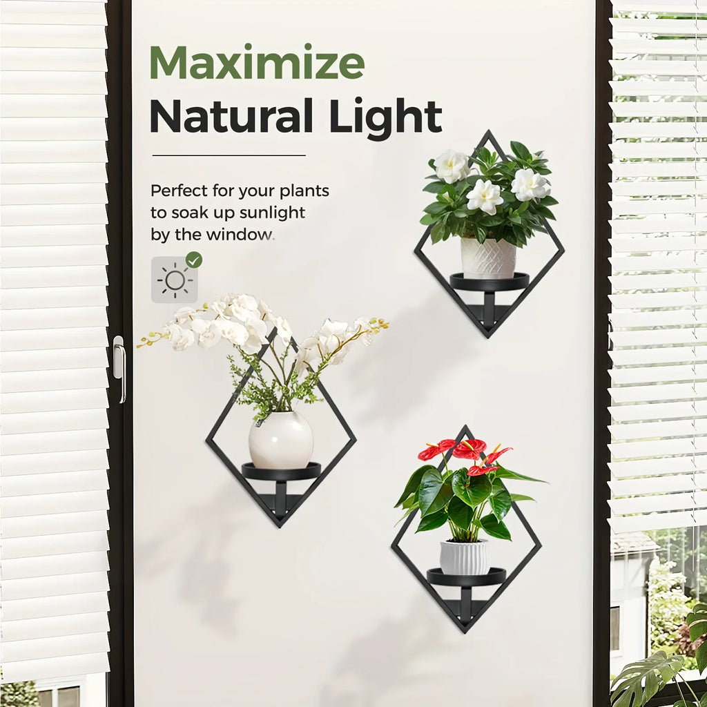 Metal Wall Planters with Geometric Frame - 3-pack Hanging Shelves, front view - House Of Avana