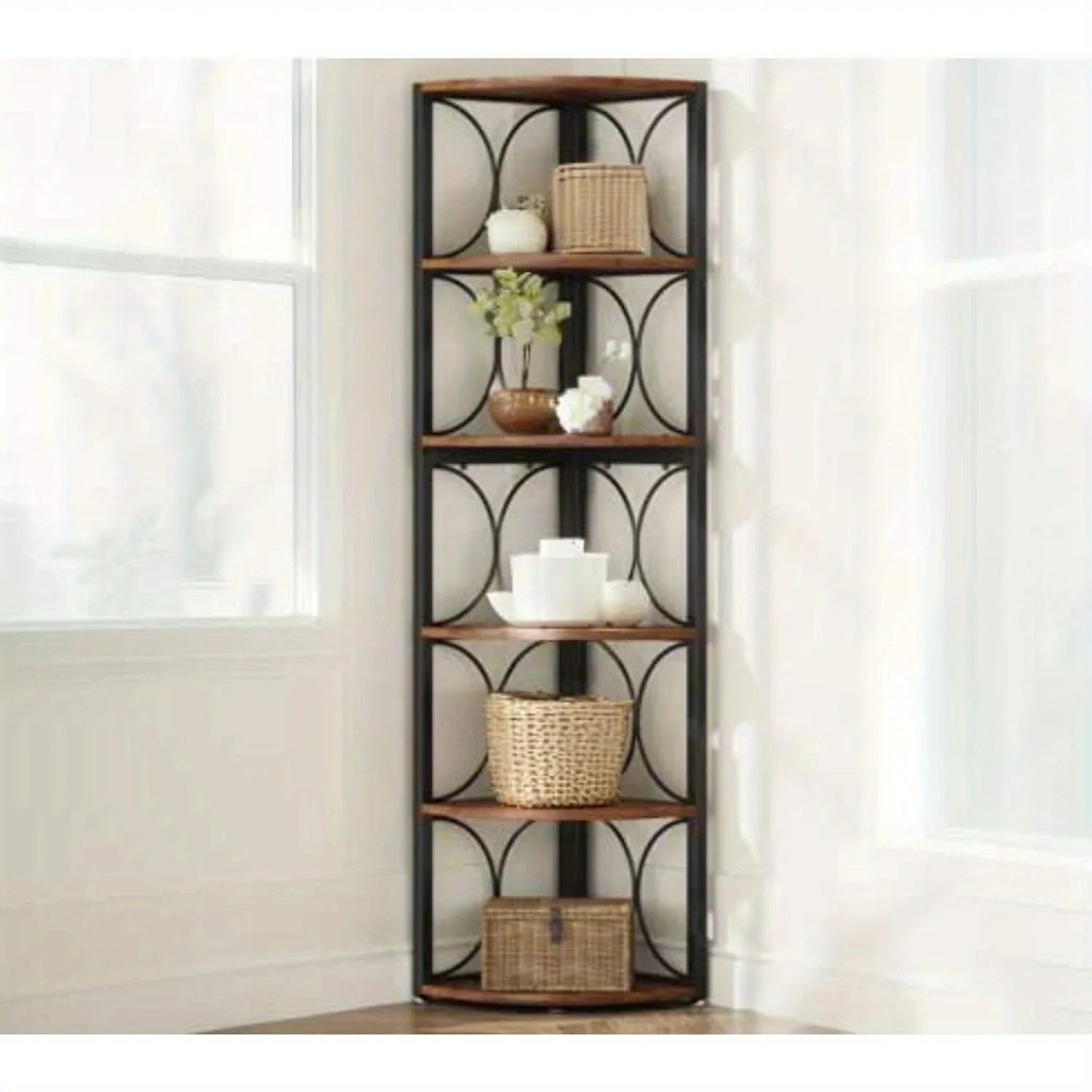 [Rustic Corner Bookshelf] Rustic 67-Inch Tall 6-Tier Corner Bookshelf | Hardwood & Metal Storage Shelves for Living Room, Kitchen, Home Office - Space-Saving Organizer, Easy Assembly, Plant Stand & Decorative Shelf, Bookshelf House Of Avana [[SKU:HOA-BOK-019]]