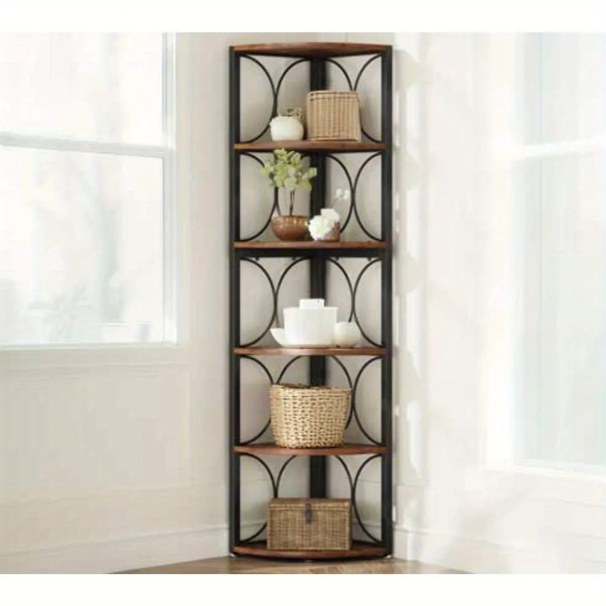 [Rustic Corner Bookshelf] Rustic 67-Inch Tall 6-Tier Corner Bookshelf | Hardwood & Metal Storage Shelves for Living Room, Kitchen, Home Office - Space-Saving Organizer, Easy Assembly, Plant Stand & Decorative Shelf, Bookshelf House Of Avana [[SKU:HOA-BOK-019]]