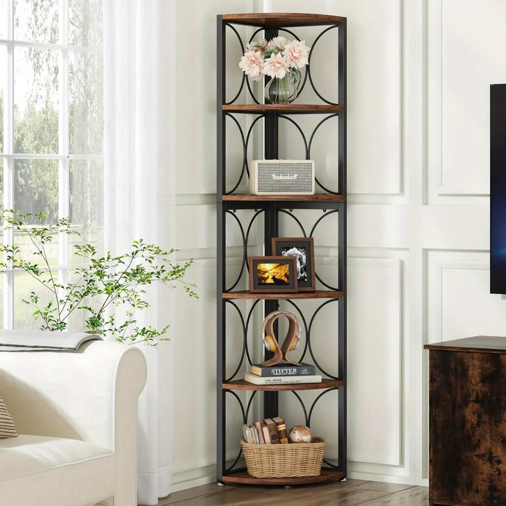 [Rustic Corner Bookshelf] Rustic 67-Inch Tall 6-Tier Corner Bookshelf | Hardwood & Metal Storage Shelves for Living Room, Kitchen, Home Office - Space-Saving Organizer, Easy Assembly, Plant Stand & Decorative Shelf, Bookshelf House Of Avana