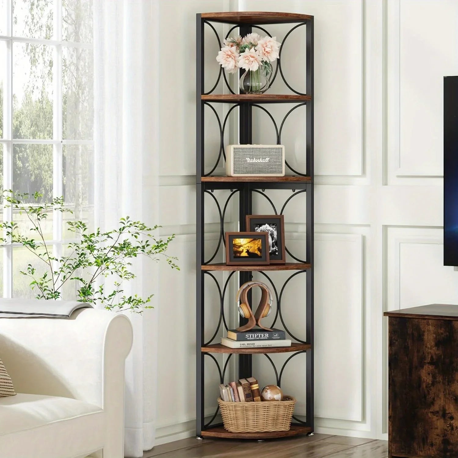 [Rustic Corner Bookshelf] Rustic 67-Inch Tall 6-Tier Corner Bookshelf | Hardwood & Metal Storage Shelves for Living Room, Kitchen, Home Office - Space-Saving Organizer, Easy Assembly, Plant Stand & Decorative Shelf, Bookshelf House Of Avana