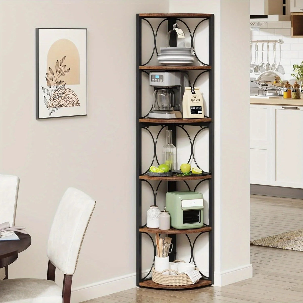 [Rustic Corner Bookshelf] Rustic 67-Inch Tall 6-Tier Corner Bookshelf | Hardwood & Metal Storage Shelves for Living Room, Kitchen, Home Office - Space-Saving Organizer, Easy Assembly, Plant Stand & Decorative Shelf, Bookshelf House Of Avana [[SKU:HOA-BOK-019]]