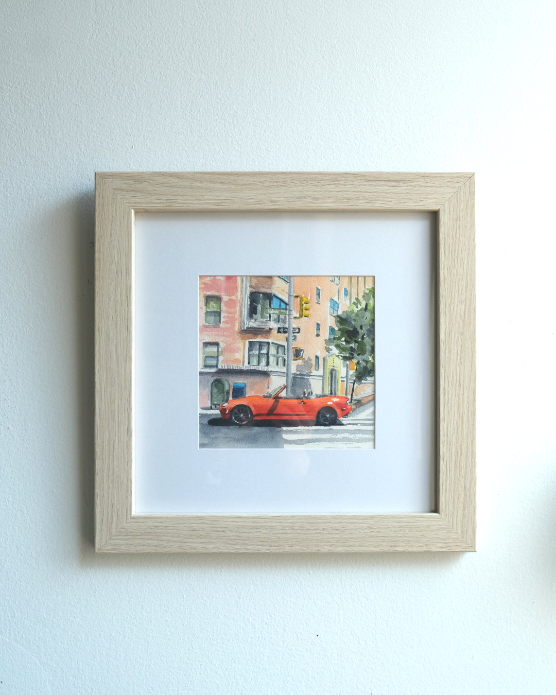 Red Mazda Miata in Intersection, NYC, watercolor painting
