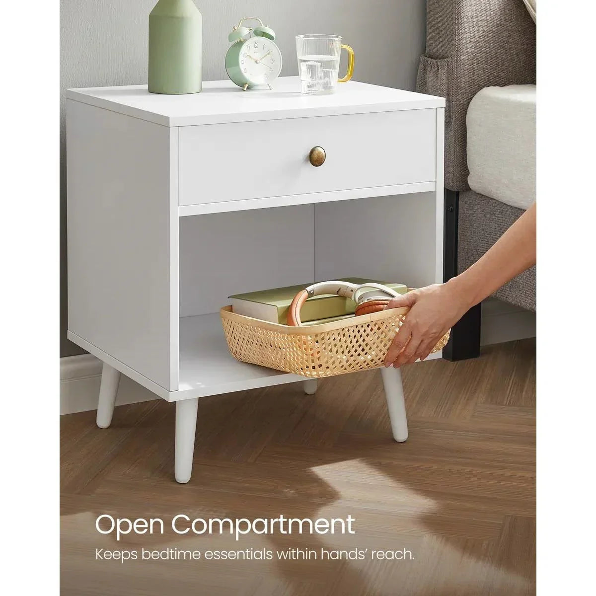 Mid-Century Modern Bedroom 1-Drawer Nightstand End Table in White Wood Finish