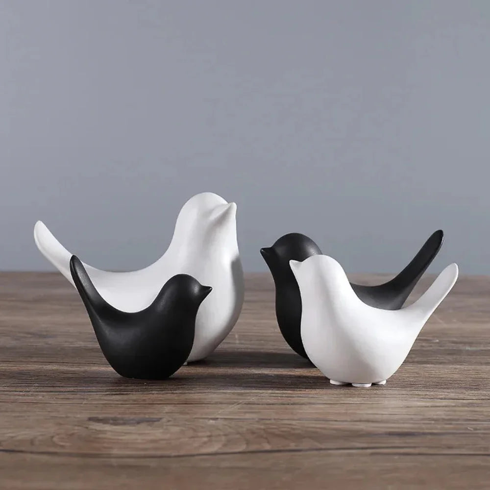 Nordic Bird Figurine - Black White Table Sculpture, front view - House Of Avana