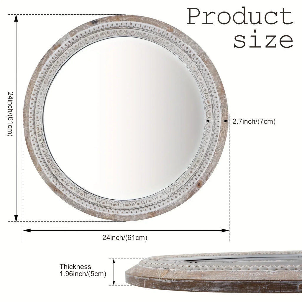 24 Round Farmhouse Circle Mirror with White Wash Beads - Rustic Distressed Wooden Frame, Decorative Wall... - House Of Avana