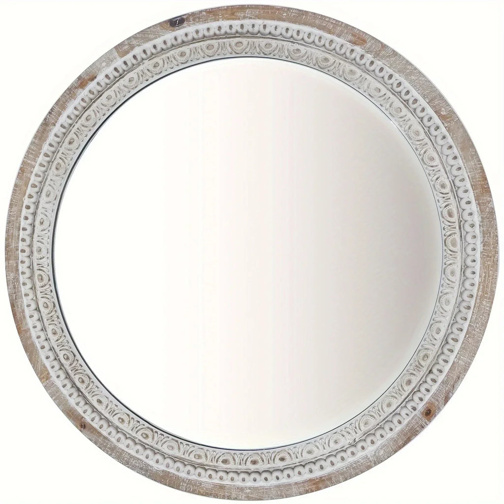 24 Round Farmhouse Circle Mirror with White Wash Beads - Rustic Distressed Wooden Frame, Decorative Wall... - House Of Avana