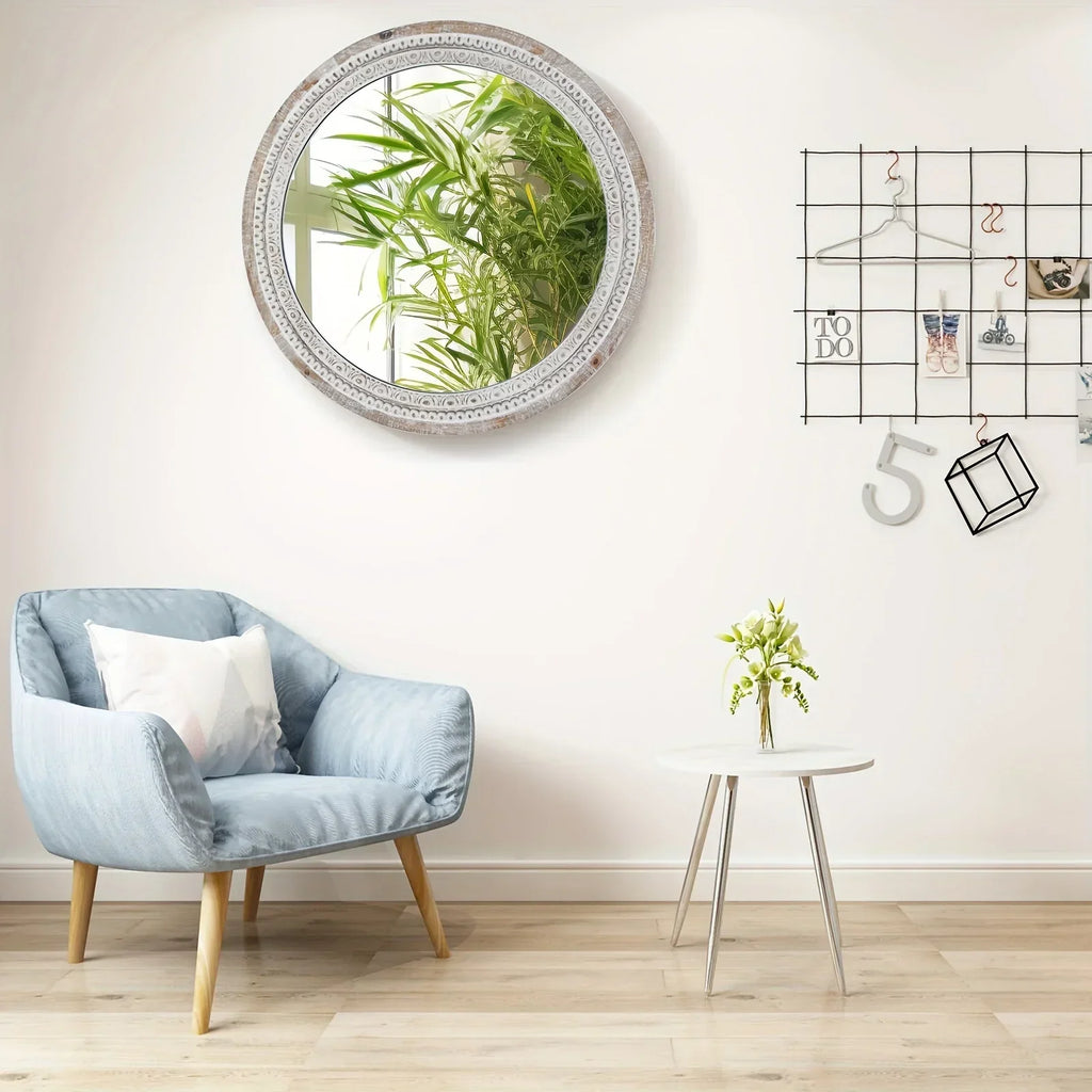 24 Round Farmhouse Circle Mirror with White Wash Beads - Rustic Distressed Wooden Frame, Decorative Wall... - House Of Avana