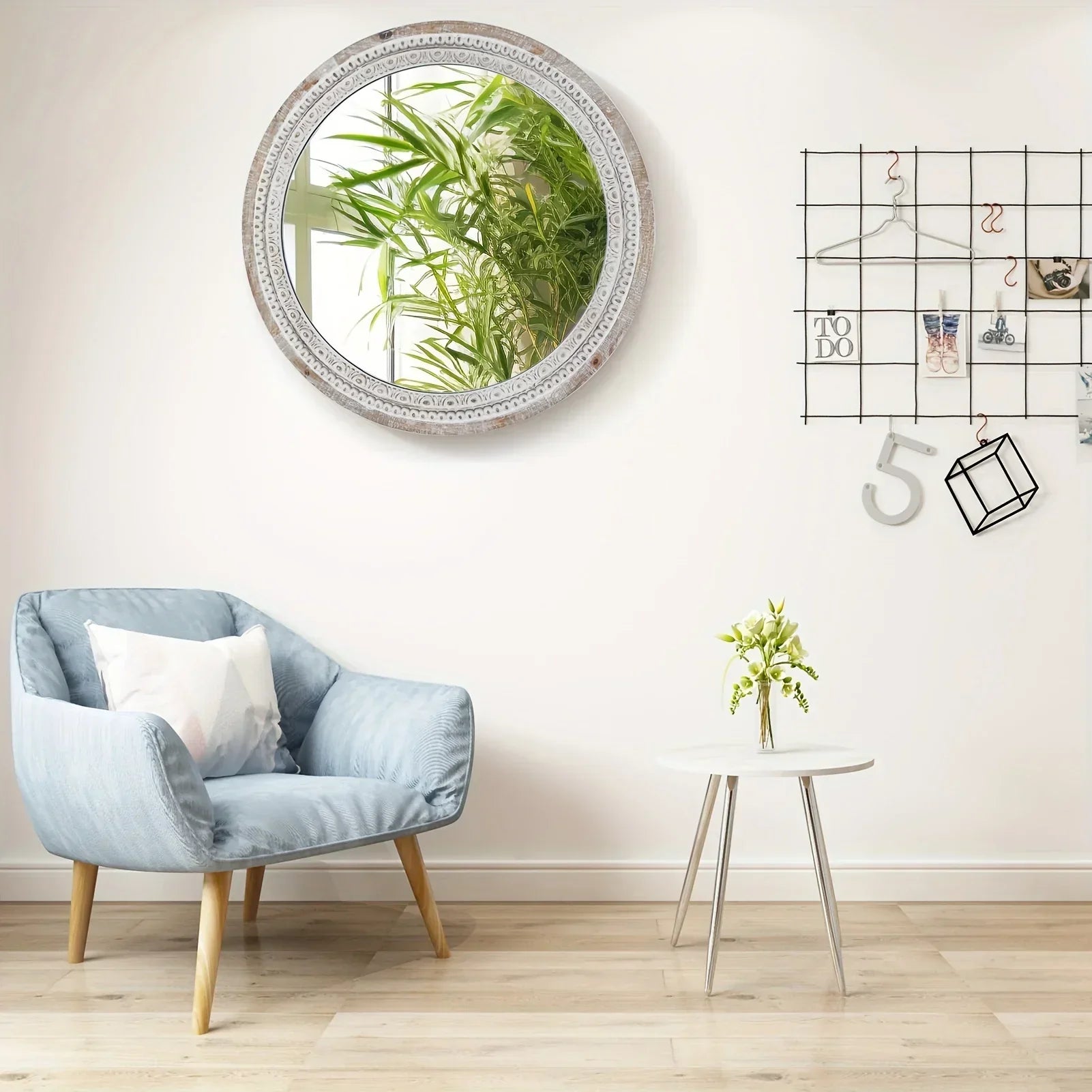24 Round Farmhouse Circle Mirror with White Wash Beads - Rustic Distressed Wooden Frame, Decorative Wall... - House Of Avana