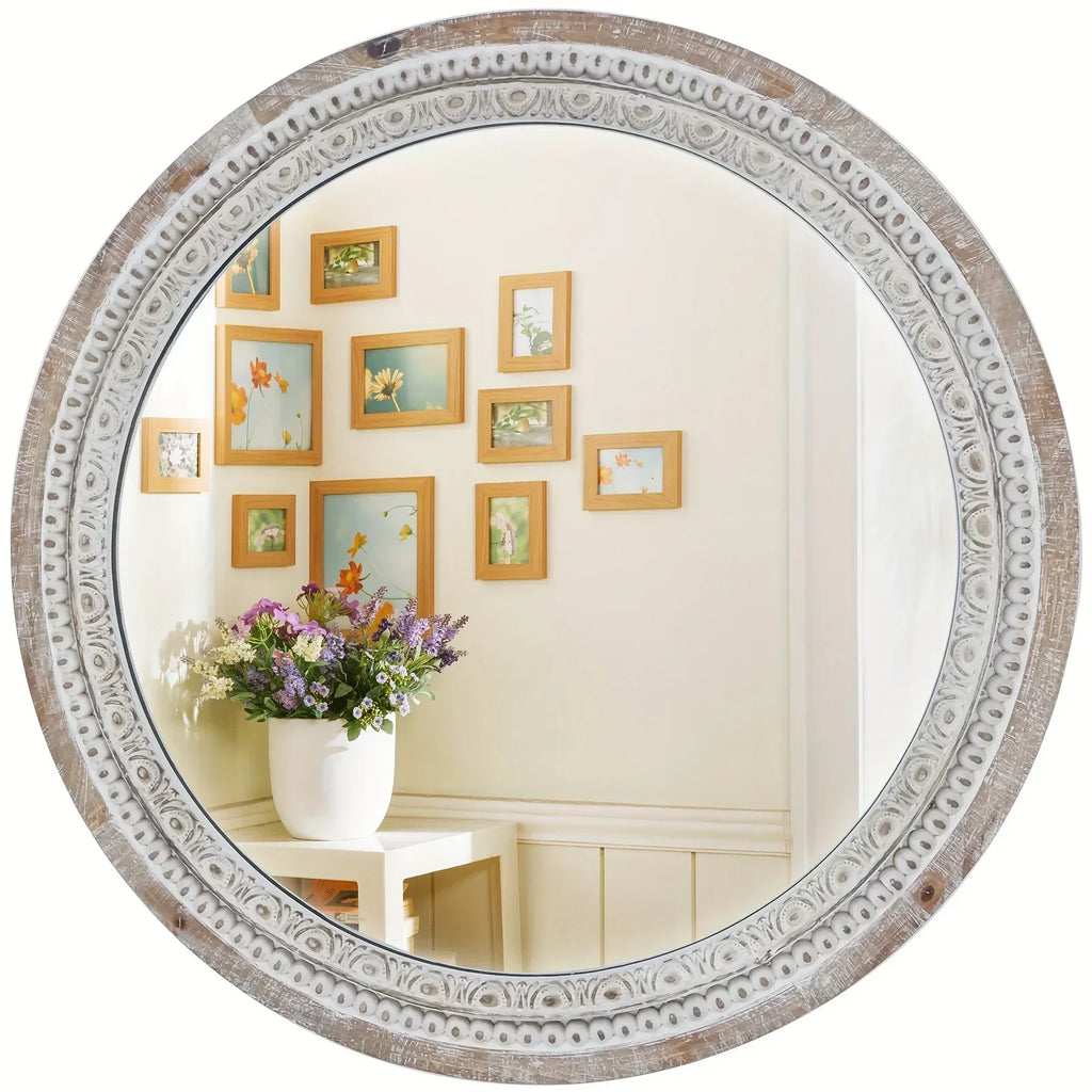 24 Round Farmhouse Circle Mirror with White Wash Beads - Rustic Distressed Wooden Frame, Decorative Wall... - House Of Avana