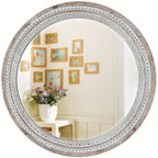 24 Round Farmhouse Circle Mirror with White Wash Beads - Rustic Distressed Wooden Frame, Decorative Wall... - House Of Avana