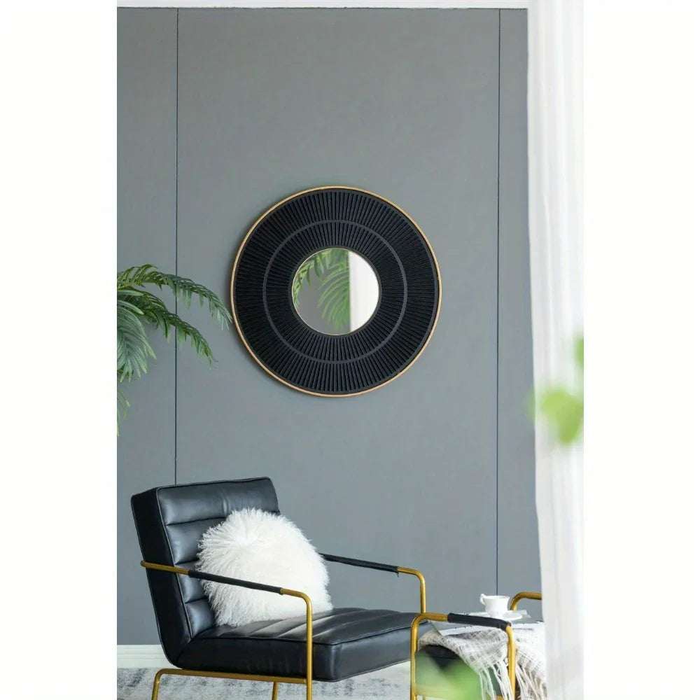 Round Wooden Mirror with Golden Frame - House Of Avana [[SKU:HOA-MIR-013]]