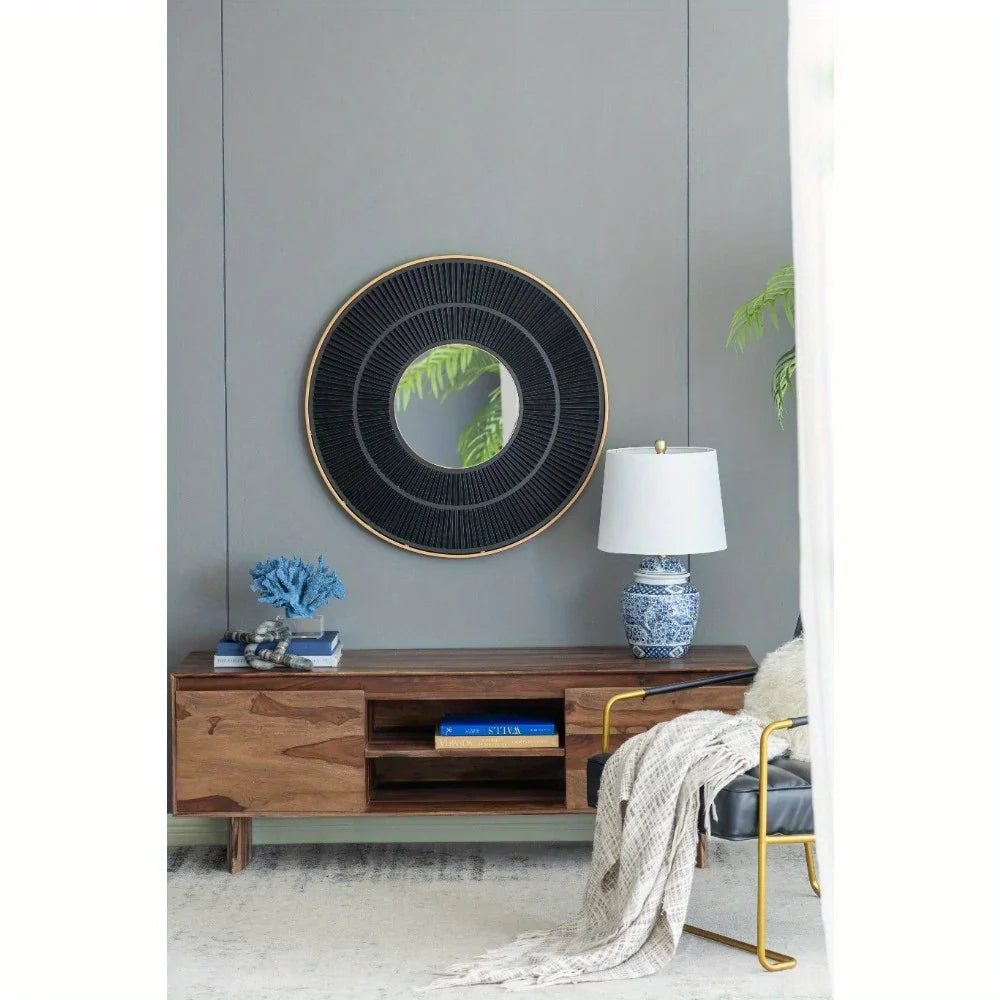 Round Wooden Mirror with Golden Frame - House Of Avana [[SKU:HOA-MIR-013]]