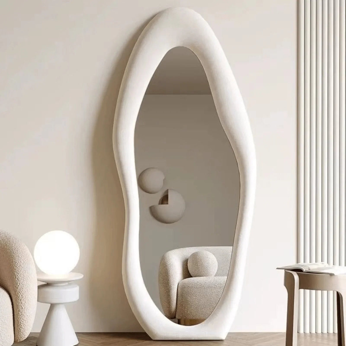 160.02cm x 60.96cm Full-Length Irregular Arch Design Mirror - Wall-Mounted Floor Mirror with Flannel-Wrapped Wood Frame, White Modern Bathroom/Bedroom/Living Room Mirror, Space-Saving Standing Mirror for Contemporary Home Dec House Of Avana [[SKU:HOA-MIR-014]]