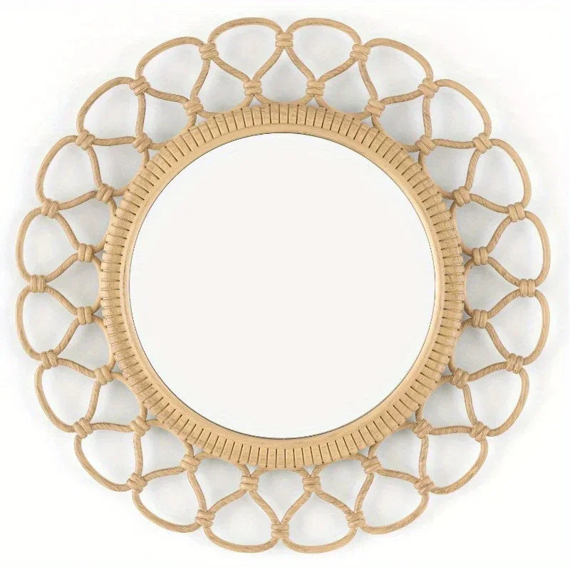 3 Piece Light Natural Faux Woven Wicker Round Traditional Mirror Set, back view - House Of Avana