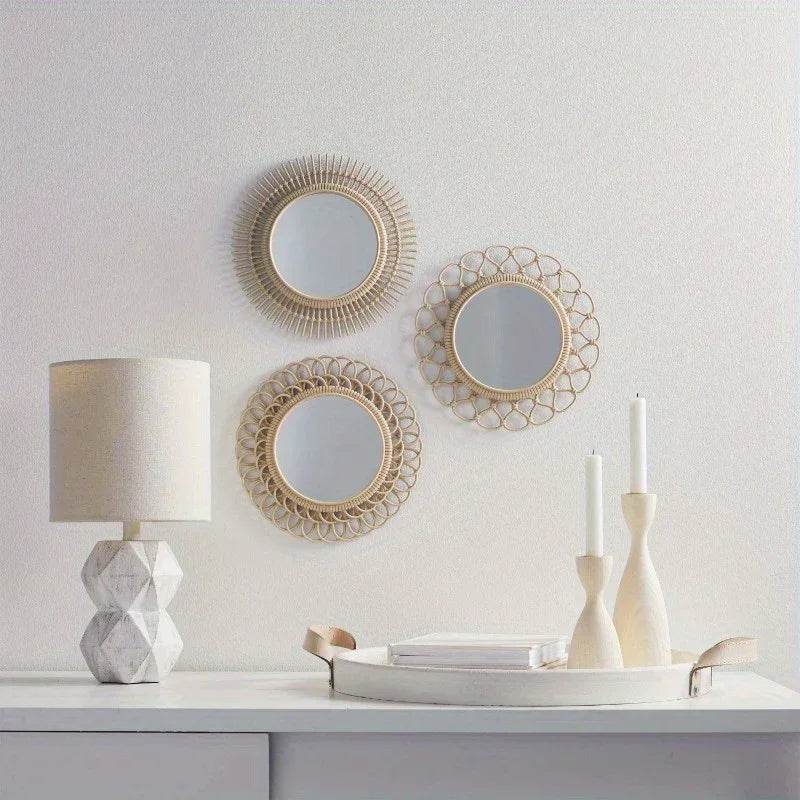 3 Piece Light Natural Faux Woven Wicker Round Traditional Mirror Set, side view - House Of Avana