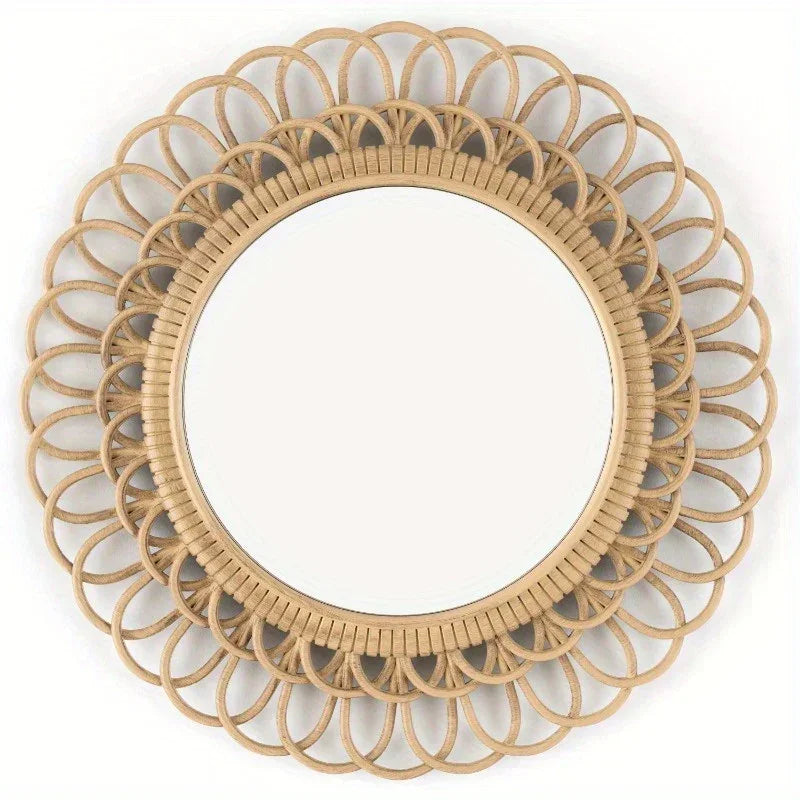 3 Piece Light Natural Faux Woven Wicker Round Traditional Mirror Set, lifestyle image - House Of Avana
