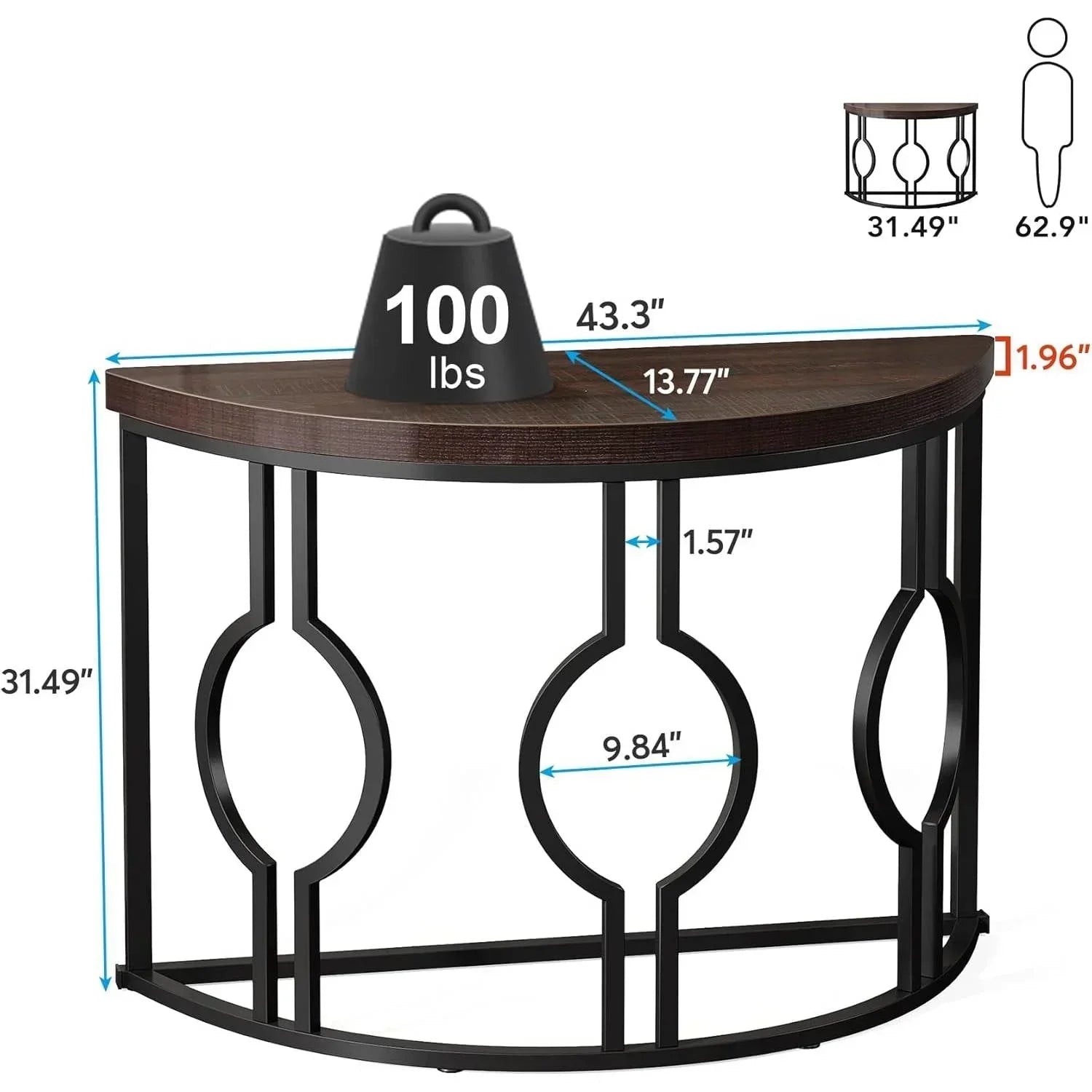 Modern 43-inch Half Moon Accent Console Table with Brown Wood Top Black Frame