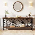 Modern 70-inch Long Narrow Console Sofa Table with Brown Wood Top and Shelf
