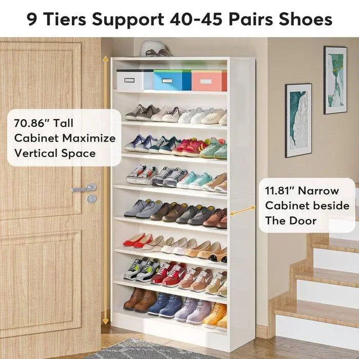 Modern 8-Shelf Shoe Rack Shelving Unit for Closet Storage in White Wood Finish