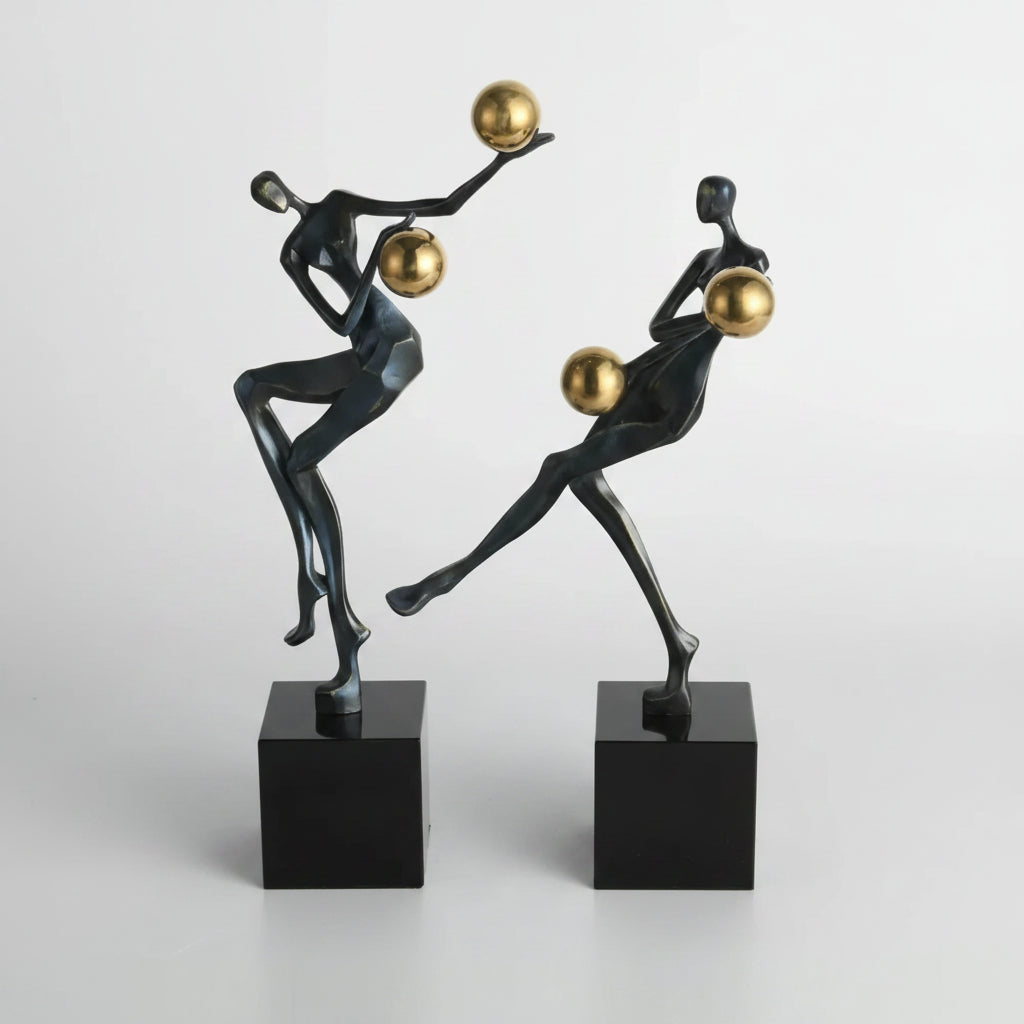 Metal Statue - Nordic Silver Acrobatic Figure | Mixed (Metal and Marble) Figure Sculpture | scale view | Abstract home decor | House of Avana