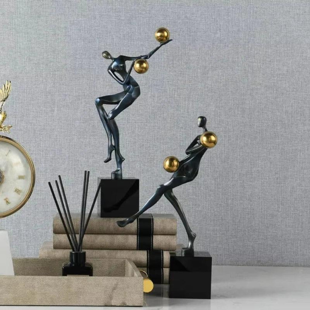 Metal Statue - Nordic Silver Acrobatic Figure | Mixed (Metal and Marble) Figure Sculpture | back view | Abstract home decor | House of Avana