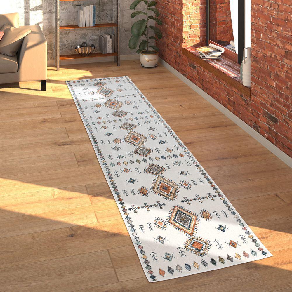 Modern Area Rug Boho Design with Colorful Pattern in Cream, back view - House Of Avana