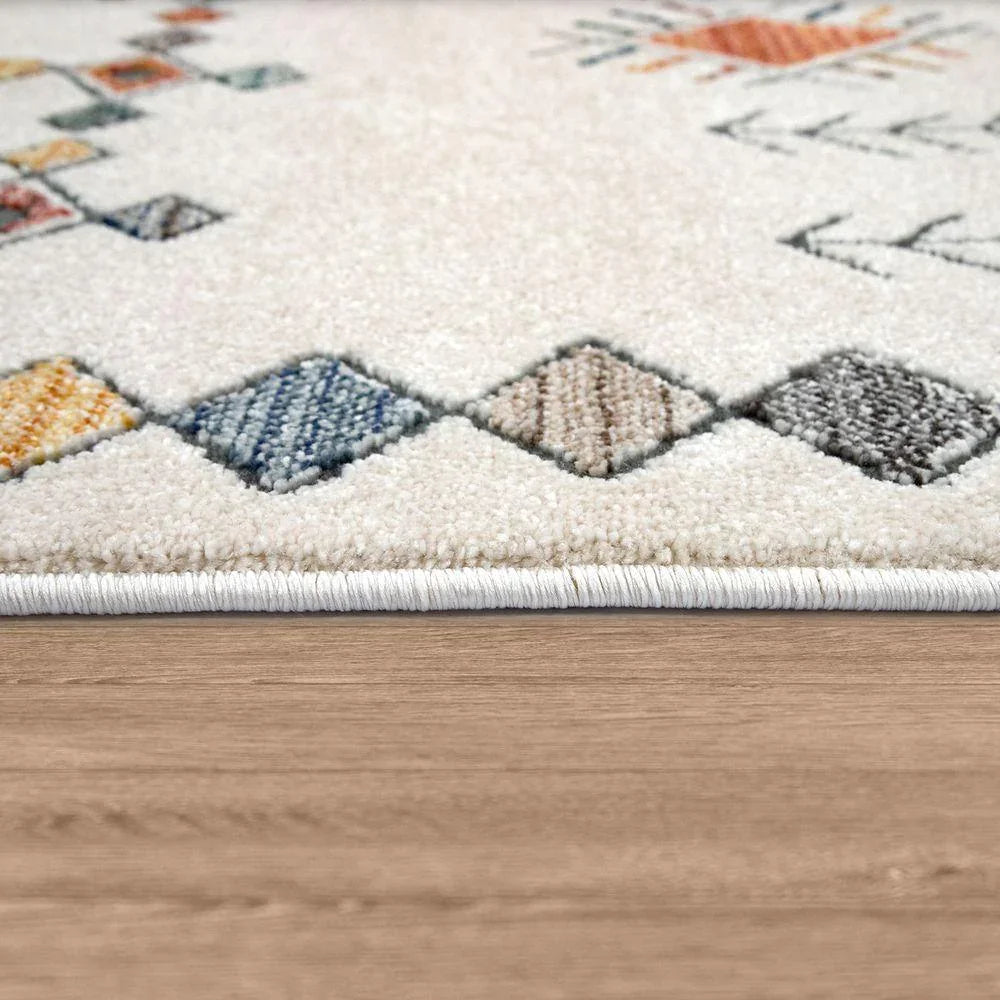 Modern Area Rug Boho Design with Colorful Pattern in Cream, side view - House Of Avana