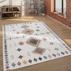 Modern Area Rug Boho Design with Colorful Pattern in Cream, front view - House Of Avana