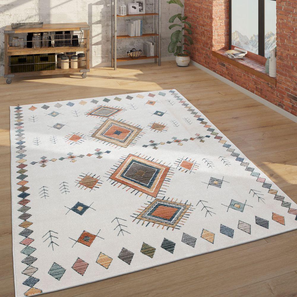 Modern Area Rug Boho Design with Colorful Pattern in Cream, front view - House Of Avana