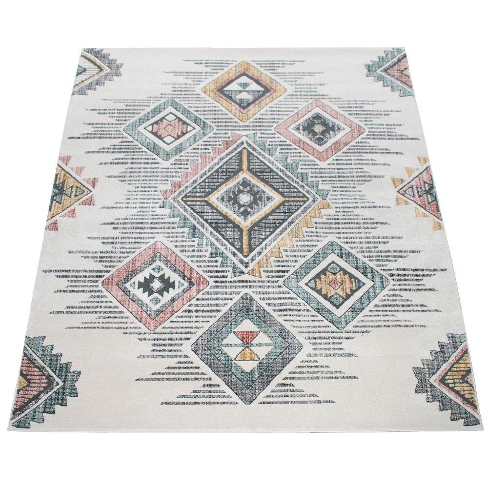 Modern Area Rug Ethnic Design with Colorful Pattern in Cream, detail shot - House Of Avana