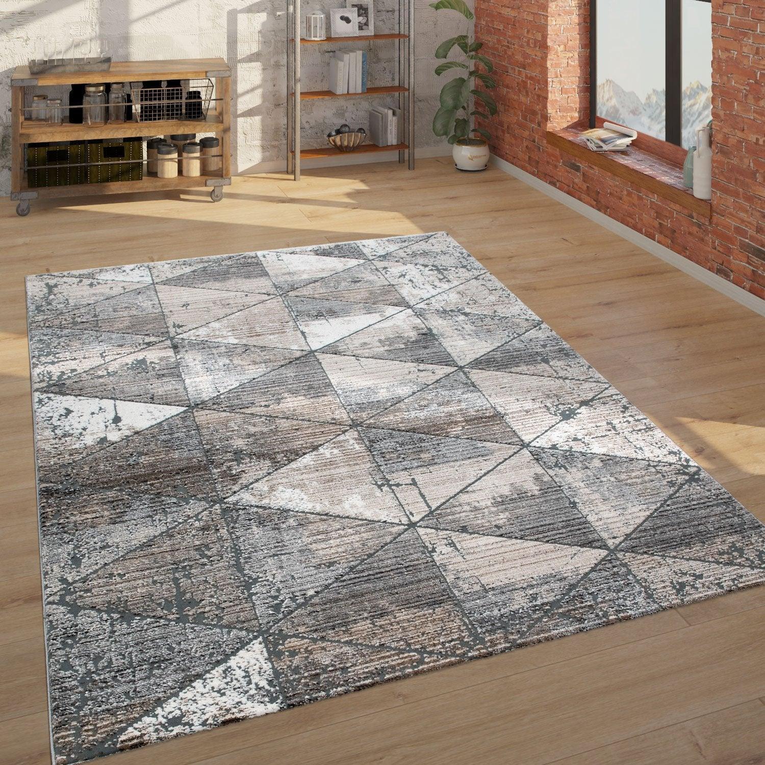 Modern Area Rug Geometric Design 3d Effect in Grey Beige, front view - House Of Avana