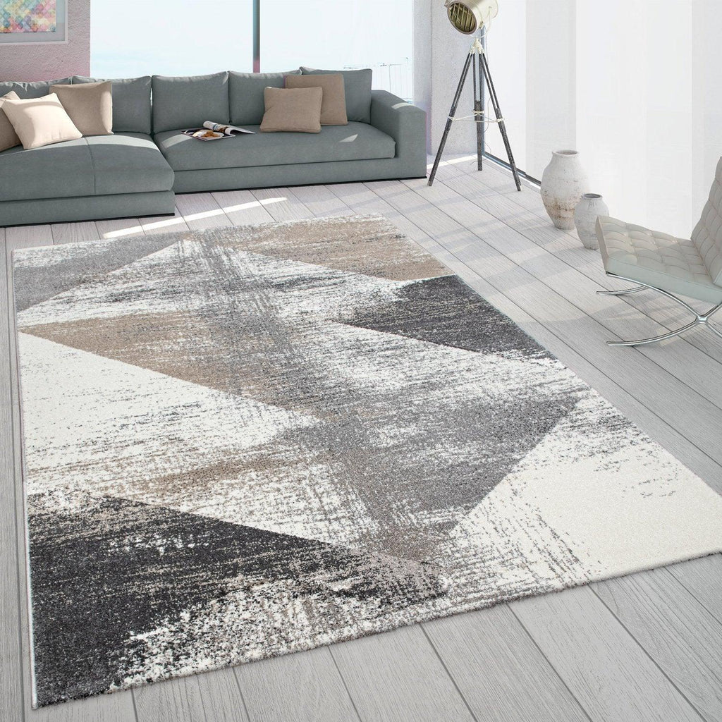 Modern Area Rug Mero Abstract Design - Grey White Brown, front view - House Of Avana