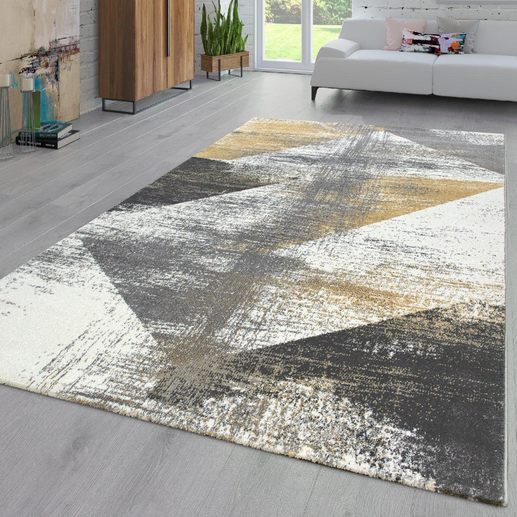 Grey and white area rug with yellow accents, abstract design - House of Avana