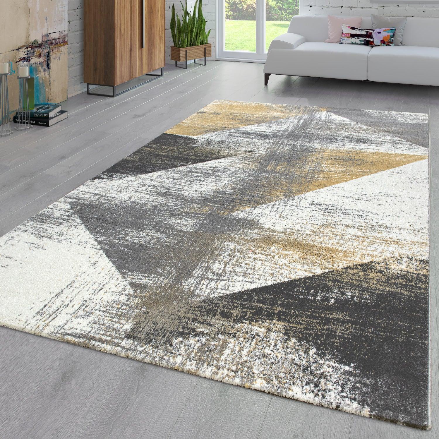 Grey and white area rug with yellow accents, abstract design - House of Avana