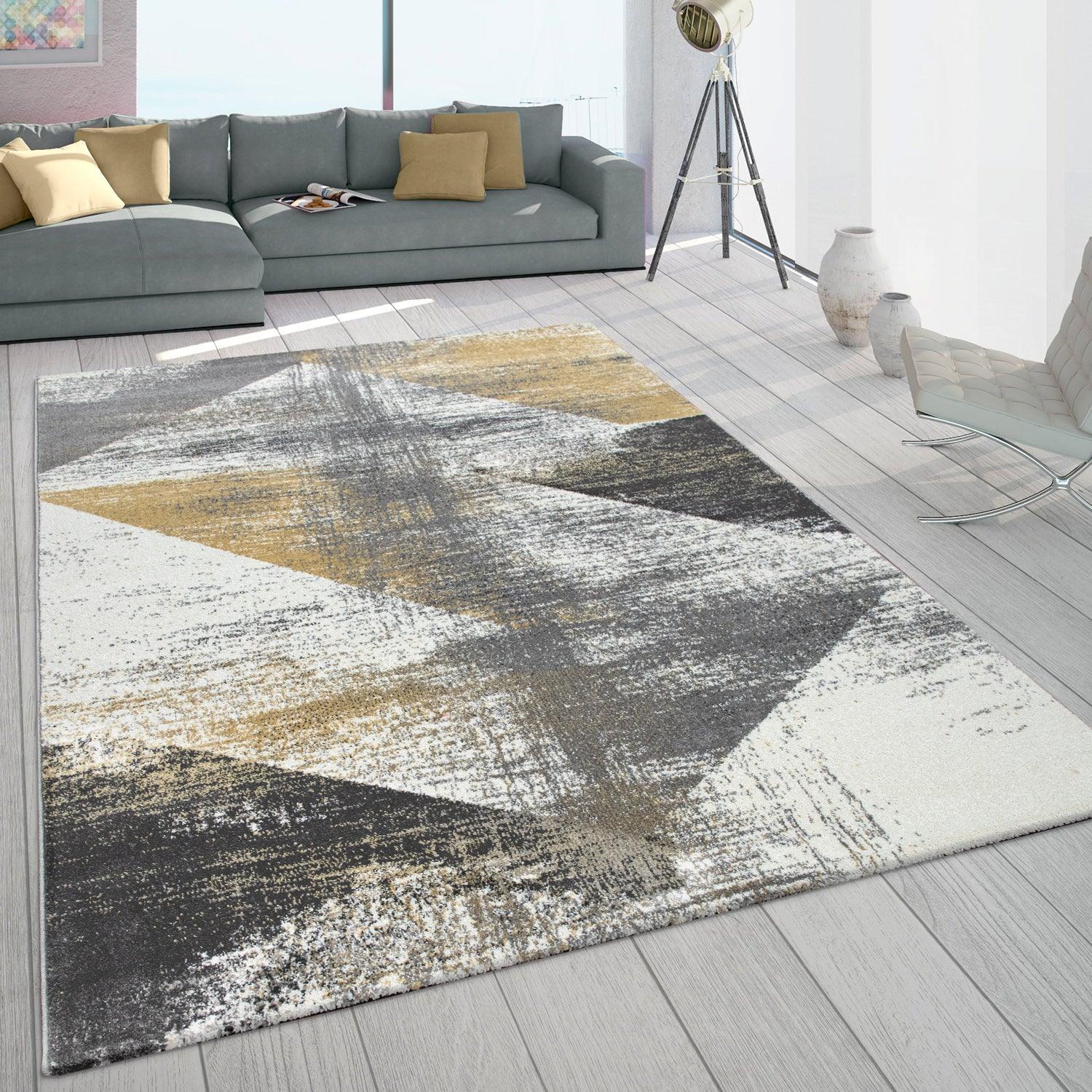 Grey and white area rug with yellow accents, abstract design - House of Avana