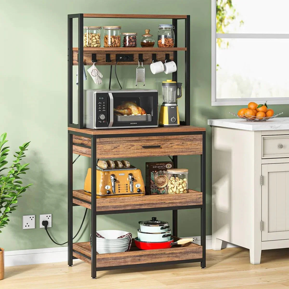 Modern Baker's Rack Shelving Unit with Pull-Out Shelves and Storage Drawer