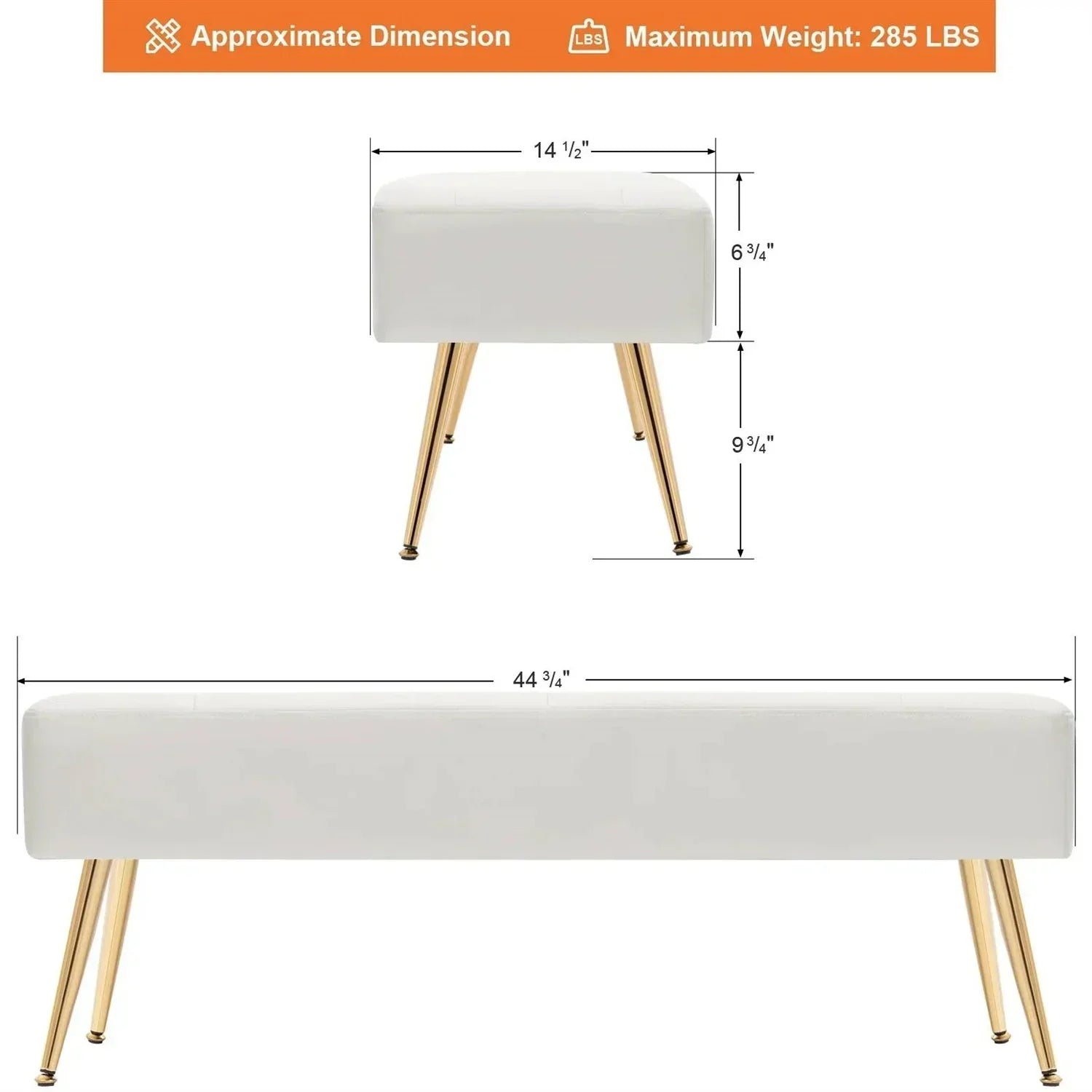 Modern Bed Bench Ottoman with White Ivory PU Leather Seat and Gold Metal Legs