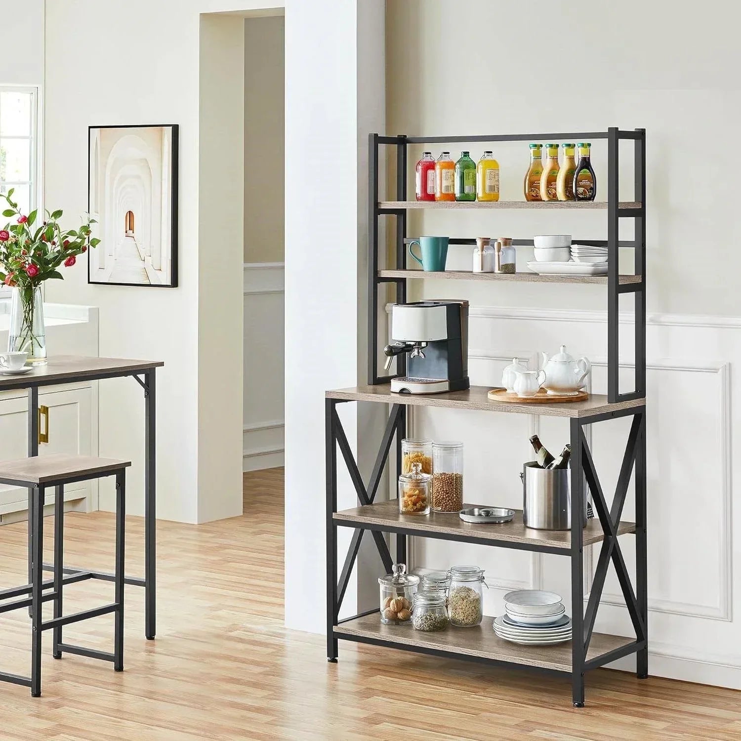 Modern Black Metal Grey Wood Bakers Rack Microwave Stand Kitchen Shelving Unit