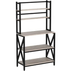 Modern Black Metal Grey Wood Bakers Rack Microwave Stand Kitchen Shelving Unit