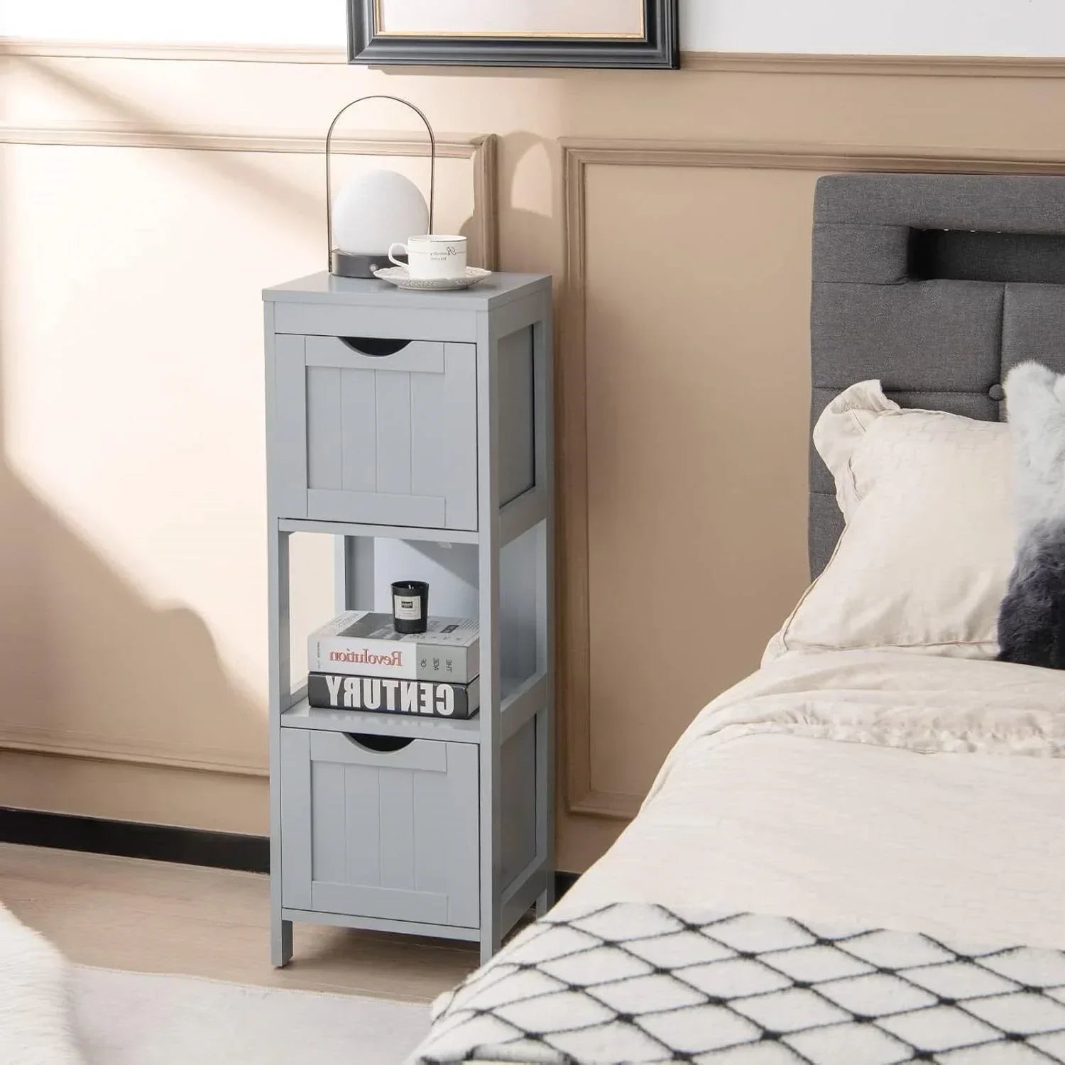 Modern Farmhouse 2-Drawer Bathroom Floor Cabinet with Shelf in Grey Wood Finish