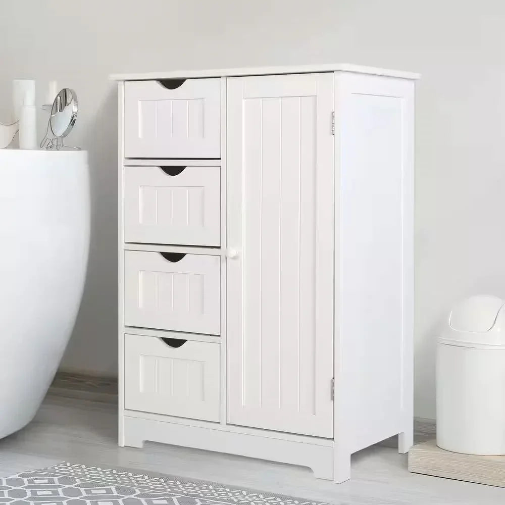 Modern Farmhouse 4-Drawer Bathroom Linen Cabinet in White Wood Finish