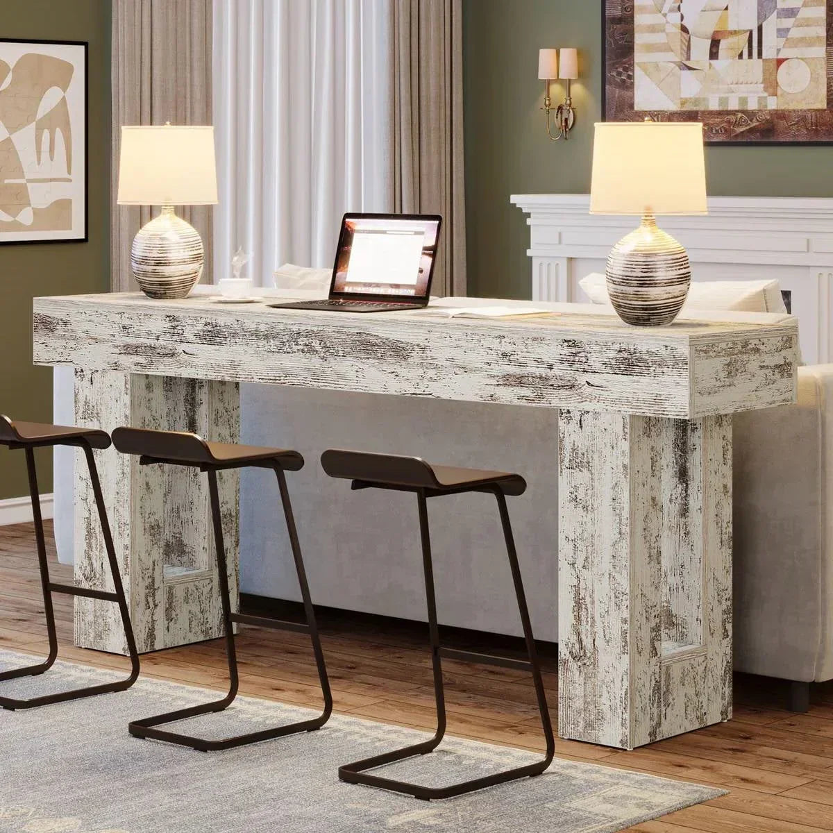 Modern Farmhouse 63-inch Console Sofa Table in Rustic White Wood Finish