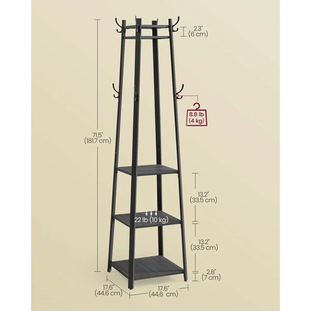 Modern Farmhouse Black Metal Coat Rack Entryway Hall Tree with Grey Wood Shelves