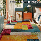 Colorful geometric-patterned rug in a room with furniture and decor.