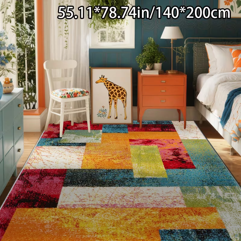 Colorful geometric-patterned rug in a room with furniture and decor.