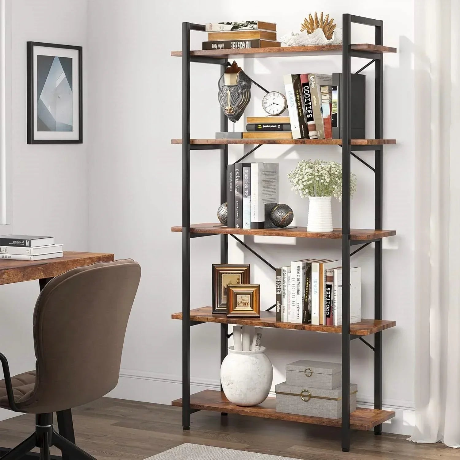 Modern Industrial 5-Shelf Bookcase with Sturdy Metal Frame and Wooden Shelves